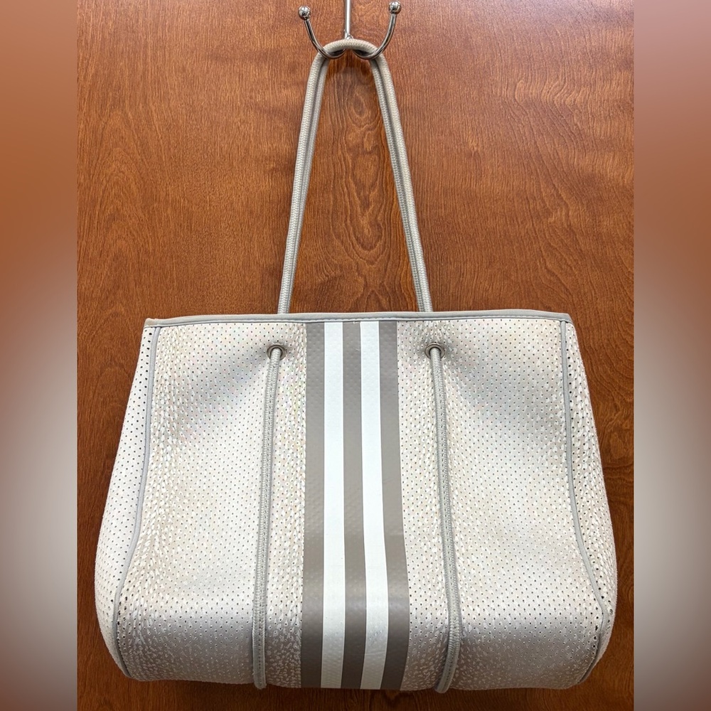 Perforated Metallic Silver Tote Bag with Stripe Detail
